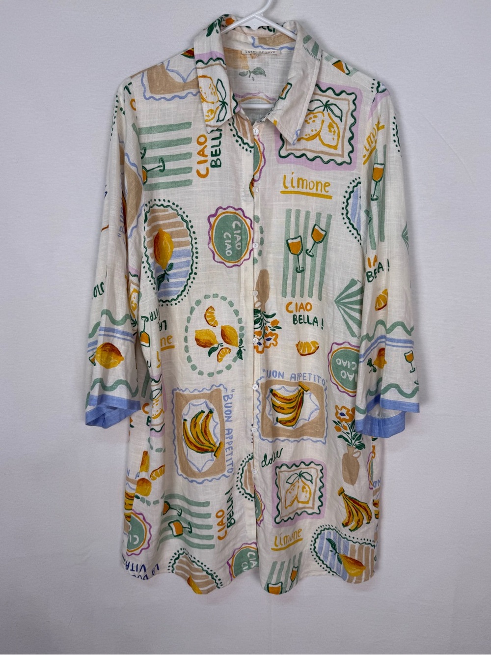 Linen Blend Cream Lemon & Banana Print Swim Coverup Shirt